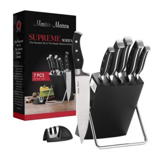 Master Maison 7-Piece Premium Kitchen Knife Set with Knife Block & Dual Knife Sharpener, Black