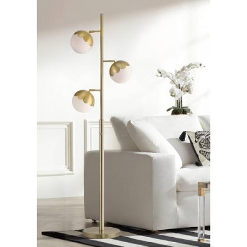 360 Lighting Kelowna Mid Century Modern 67 Tall Standing Floor Lamp Skinny Tree 3-Light Gold Metal Antique Brass Finish Living Room Globe White Shade
