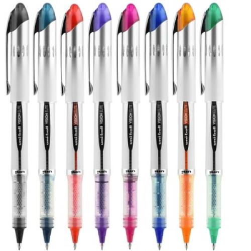 uni Vision Elite Roller Ball Stick Pen, 0.8 mm Bold Tip, Assorted Colors, Set of 8