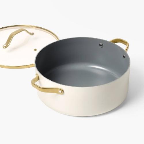 8qt Nonstick Ceramic Coated Aluminum Wide Stock Pot with Champagne Handle Cream - Figmint