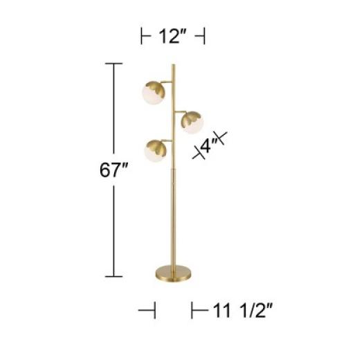 360 Lighting Kelowna Mid Century Modern 67 Tall Standing Floor Lamp Skinny Tree 3-Light Gold Metal Antique Brass Finish Living Room Globe White Shade