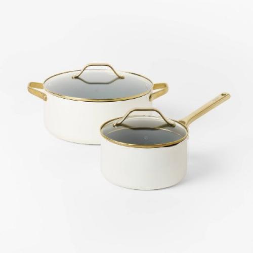 7pc Nonstick Ceramic Coated Aluminum Cookware Set with Champagne Handles Cream - Figmint™