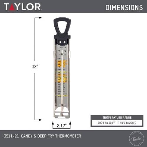 Taylor Candy Deep Fry Analog Kitchen Cooking Thermometer: Stainless Steel, Clip Mount, 100-400°F, Reads Celsius & Fahrenheit