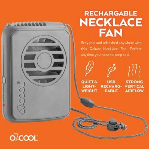 O2COOL Rechargeable Deluxe Necklace Fan with USB Cord Gray