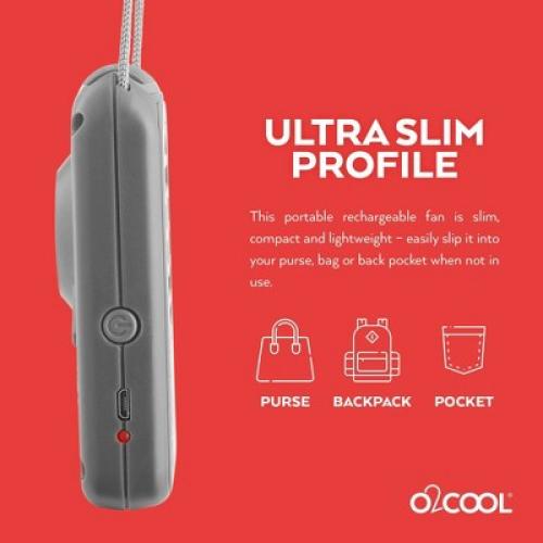 O2COOL Rechargeable Deluxe Necklace Fan with USB Cord Gray