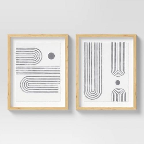 (Set of 2) 16 x 20 Curve Lines Framed Under Glass Black - Threshold™: Modern Wall Art, Vertical Lithograph
