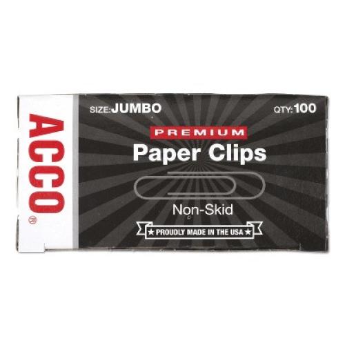 ACCO Premium Paper Clips Nonskid Jumbo Silver 100/Box 10 Boxes/Pack 72510