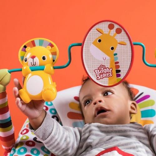 Bright Starts Playful Pinwheels Portable Baby Bouncer Seat with Vibrations and Toy Bar
