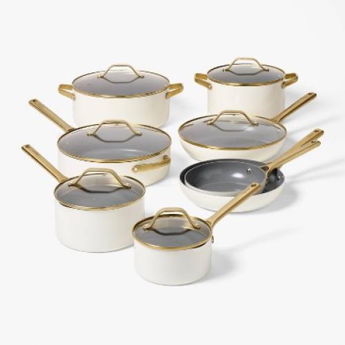 3qt Nonstick Ceramic Coated Aluminum Sauce Pan with Champagne Handle Cream - Figmint™
