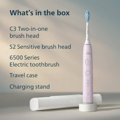 Philips Sonicare 6500 Rechargeable Electric Toothbrush with Travel Case and 2 Brush Heads - Light Pink
