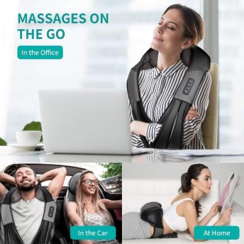 Nekteck Shiatsu Neck & Back Massager - Heat, Deep Kneading - Home, Office, Car -Black