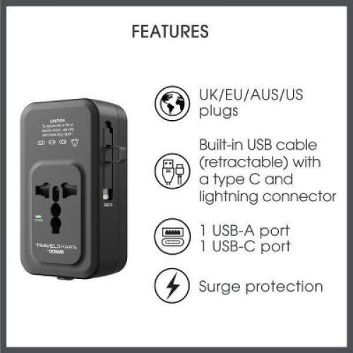 Travel Smart Does-It-All Adapter with Cables & USB-A & C Ports