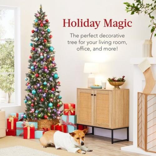 Best Choice Products 4.5ft Pre-Lit Partially Flocked Pencil Christmas Tree w/ 150 2-in-1 Multicolor LED Lights