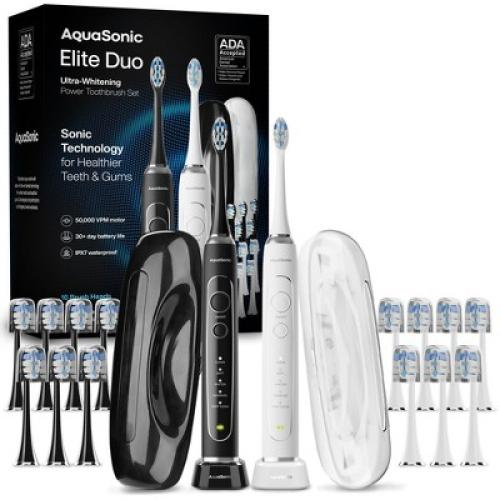 AquaSonic Elite Duo Rechargeable Electric Toothbrush Set – ADA Accepted, 5 Modes, 2 Travel Cases, 16 Brush Heads (Black/White)