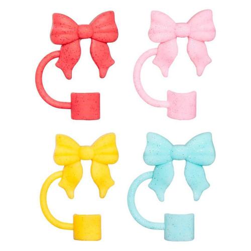 CharCharms 4pk Holiday Shimmer Bow Straw Topper Yellow/Blue