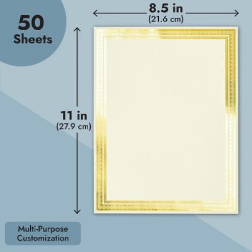 Juvale 50 Sheets Gold Foil Award Certificate Paper 8.5 x 11 for Printing - Blank Cardstock for Graduation Diploma (Ivory)