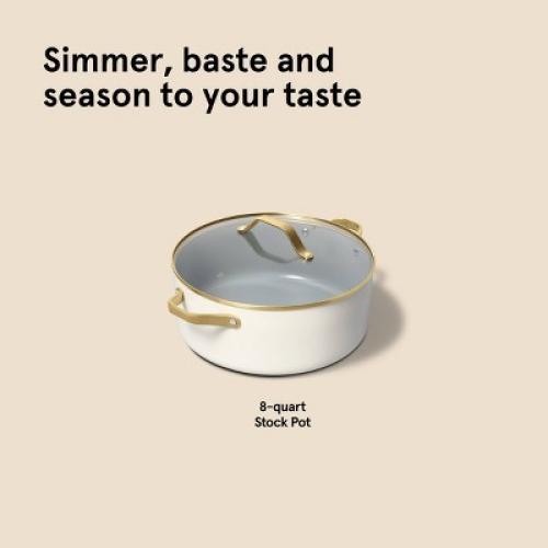 8qt Nonstick Ceramic Coated Aluminum Wide Stock Pot with Champagne Handle Cream - Figmint
