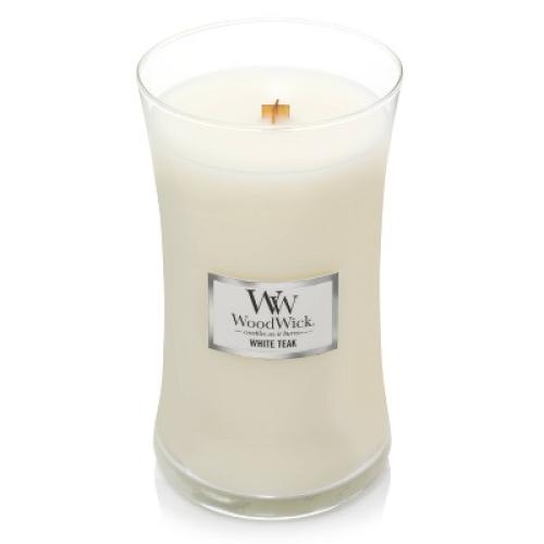 21.5oz Large Hourglass Jar Candle White Teak - WoodWick: Soy & Paraffin Blend, Crackling Wick, 120hr Burn Time