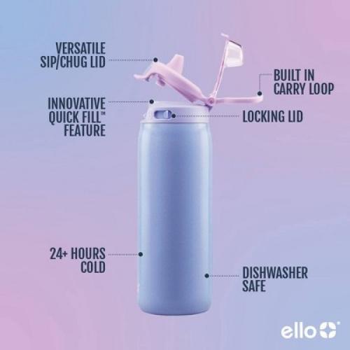 Ello Pop & Fill 18oz Stainless Steel Water Bottle Purple Holographic Glitter Missing plastic top