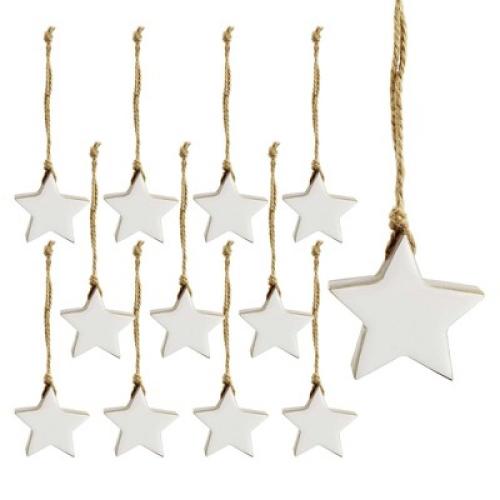 AuldHome Design Enamel Christmas Ornaments 12pk, White; Rustic Farmhouse Wood Tree Decorations, Retro Vintage Style