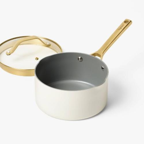 3qt Nonstick Ceramic Coated Aluminum Sauce Pan with Champagne Handle Cream - Figmint™