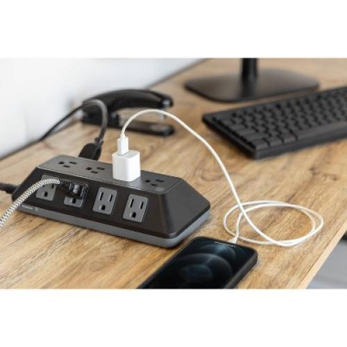 Size 8 ft GE 12-Outlet Surge Protector 3540J 8' Braided Cord Black/Gray: Extension Cord, Outlet Extender, Multiple Plug-in Outlets