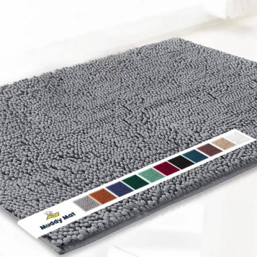 Muddy Mat Highly Absorbent Soft Chenille Door Mat and Pet Rug Non Slip Thick Washable Area and Bath Mat for Indoor & Outdoor-Grey Small 18x28