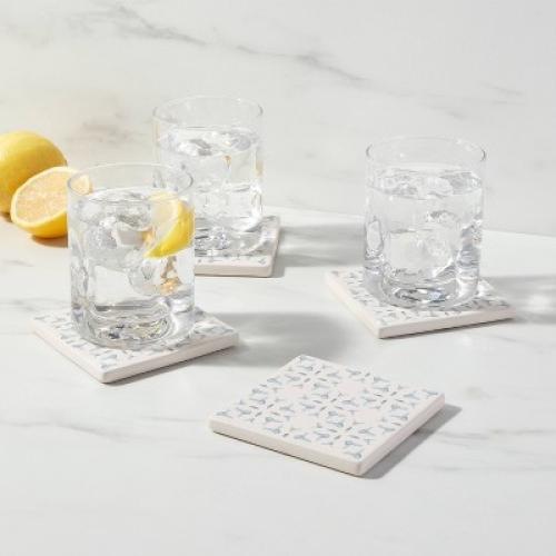 4pk Stoneware Stamp Coasters Light Blue - Threshold™: Traditional Drink Coasters, Hand Wash, 4 Square, Set of 4