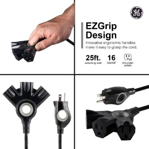 GE 3-Outlet Grounded Extension Cord Indoor/Outdoor 16AWG 25' Black