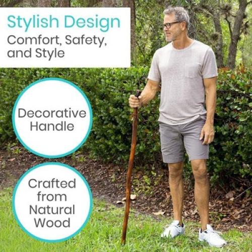 Size 48 Color Brown Vive Health Wooden Walking Stick Handcrafted Waterproof With Leather Wrist Strap for  Women, Men, Seniors