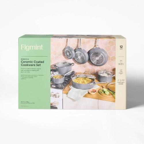 12pc Nonstick Ceramic Coated Aluminum Cookware Set Dark Gray - Figmint™