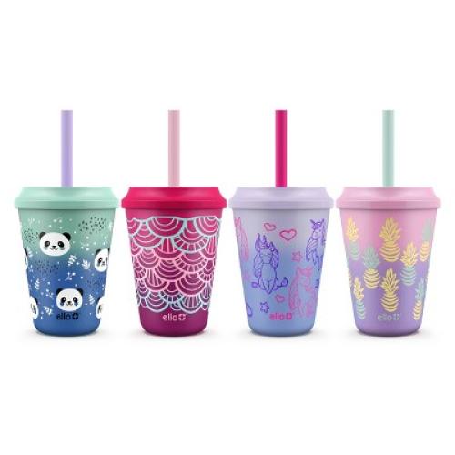 (total of 8 cups and 5 tops) Ello 12oz 4pk Plastic Chameleon Color Changing Cups with Twist on Lids Purple