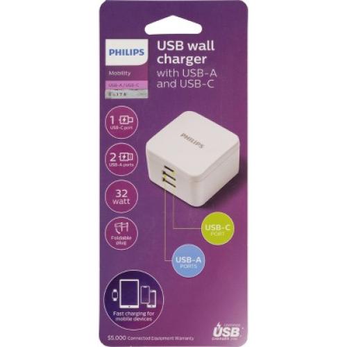 Philips 3-Port 32W USB and USB C Charger - White