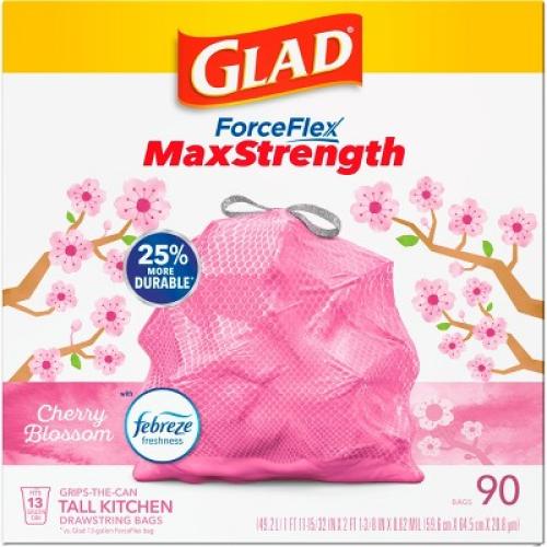 Glad ForceFlex MaxStrength Tall Kitchen Drawstring Pink Trash Bags - Cherry Blossom - 13gal/90ct