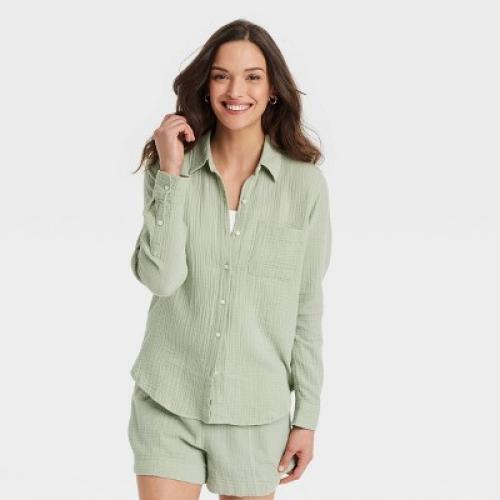 Women's Long Sleeve Gauzy Collared Button-Down Shirt - Universal Thread ? Green XS