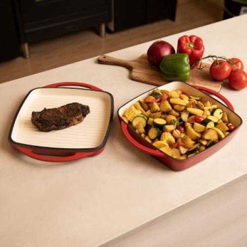 Bruntmor 2-in-1 Red Enamel Cast Iron Dutch Oven & Skillet Set | All-in-One Cookware With Handles