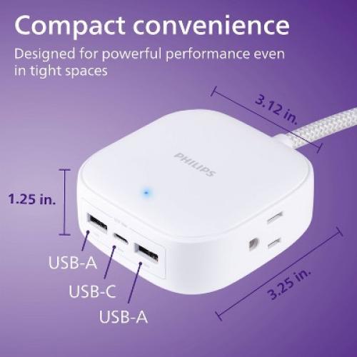 Philips Desktop Charging Station 2 USB-A 1 USB-C 2 Outlet 5ft Cord - White