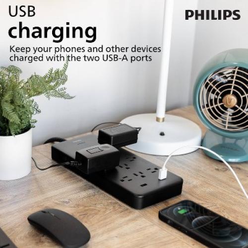 Philips 10-Outlet Surge 6' Braided cord 2880J 2 USB-A - 2.4A Adapter-Spaced - Black