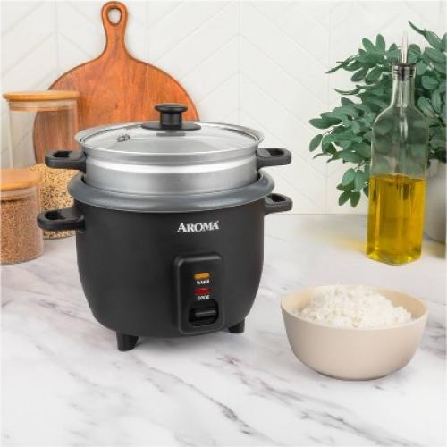 Aroma 6 Cup Rice Cooker with Outer Steam Tray Black