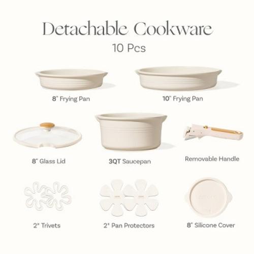 Carote 10pc Nonstick Cookware Set with Detachable Handle White