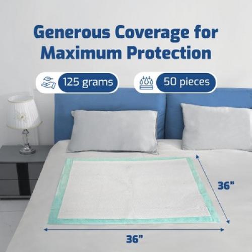 50 Pack Adhesive Disposable Underpads, 36 x 36, 125 Gram Heavy Duty Waterproof Bed Pads for Adults, Seniors & Pets