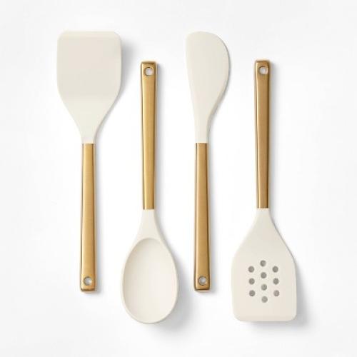 4pc Silicone/Stainless Steel Kitchen Utensil Set Champagne - Figmint
