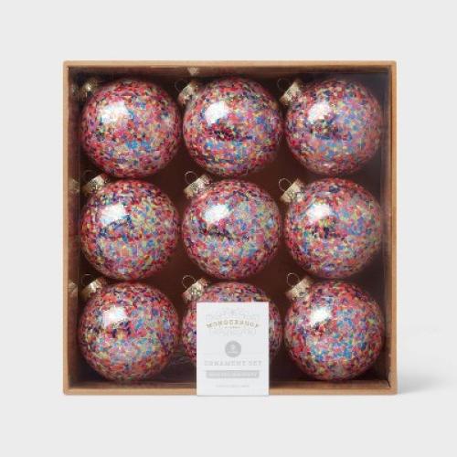 9pc Round Shatter-Resistant Colorful Glitter Christmas Tree Ornament Set - Wondershop™