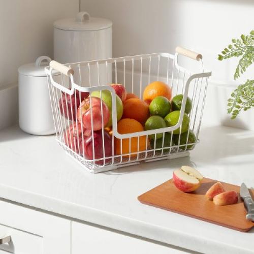 Metal Stackable Wire Pantry Basket with Rubber Wood Handle White - Brightroom™: Kitchen Storage Organizer, 9x13.5