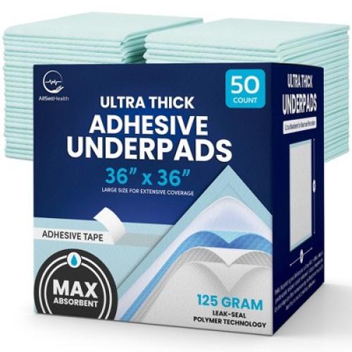 50 Pack Adhesive Disposable Underpads, 36 x 36, 125 Gram Heavy Duty Waterproof Bed Pads for Adults, Seniors & Pets