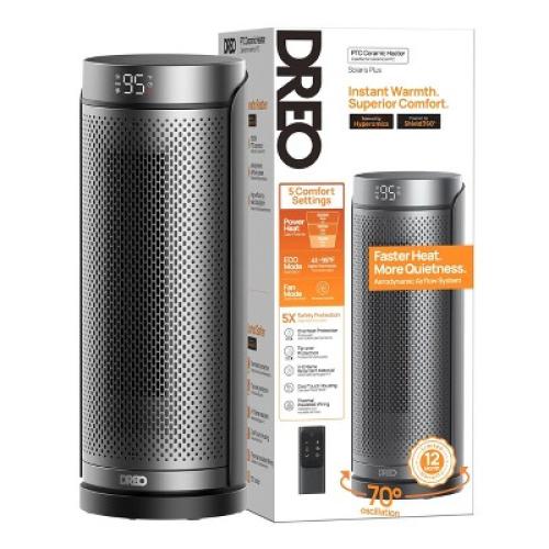 Dreo 1500W Solaris Plus PTC Heating Oscillating Tower Space Heater with Remote Silver