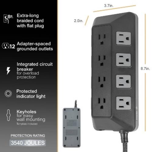 Size 8 ft GE 12-Outlet Surge Protector 3540J 8' Braided Cord Black/Gray: Extension Cord, Outlet Extender, Multiple Plug-in Outlets