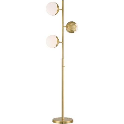 360 Lighting Kelowna Mid Century Modern 67 Tall Standing Floor Lamp Skinny Tree 3-Light Gold Metal Antique Brass Finish Living Room Globe White Shade