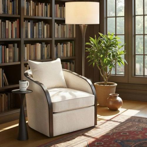 Lumisource Gemma Swivel Accent Chair In Sand Fabric/Espresso Wood