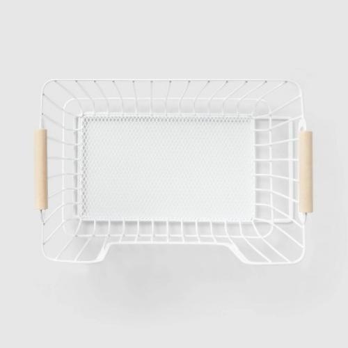 Metal Stackable Wire Pantry Basket with Rubber Wood Handle White - Brightroom™: Kitchen Storage Organizer, 9x13.5